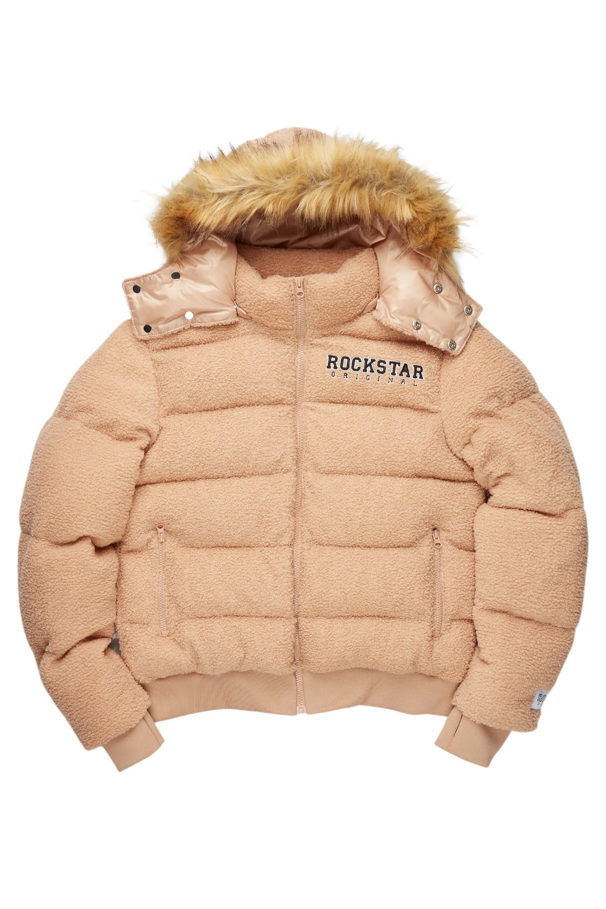 Kesia 2.0 Tan Sherpa Puffer Jacket Laid