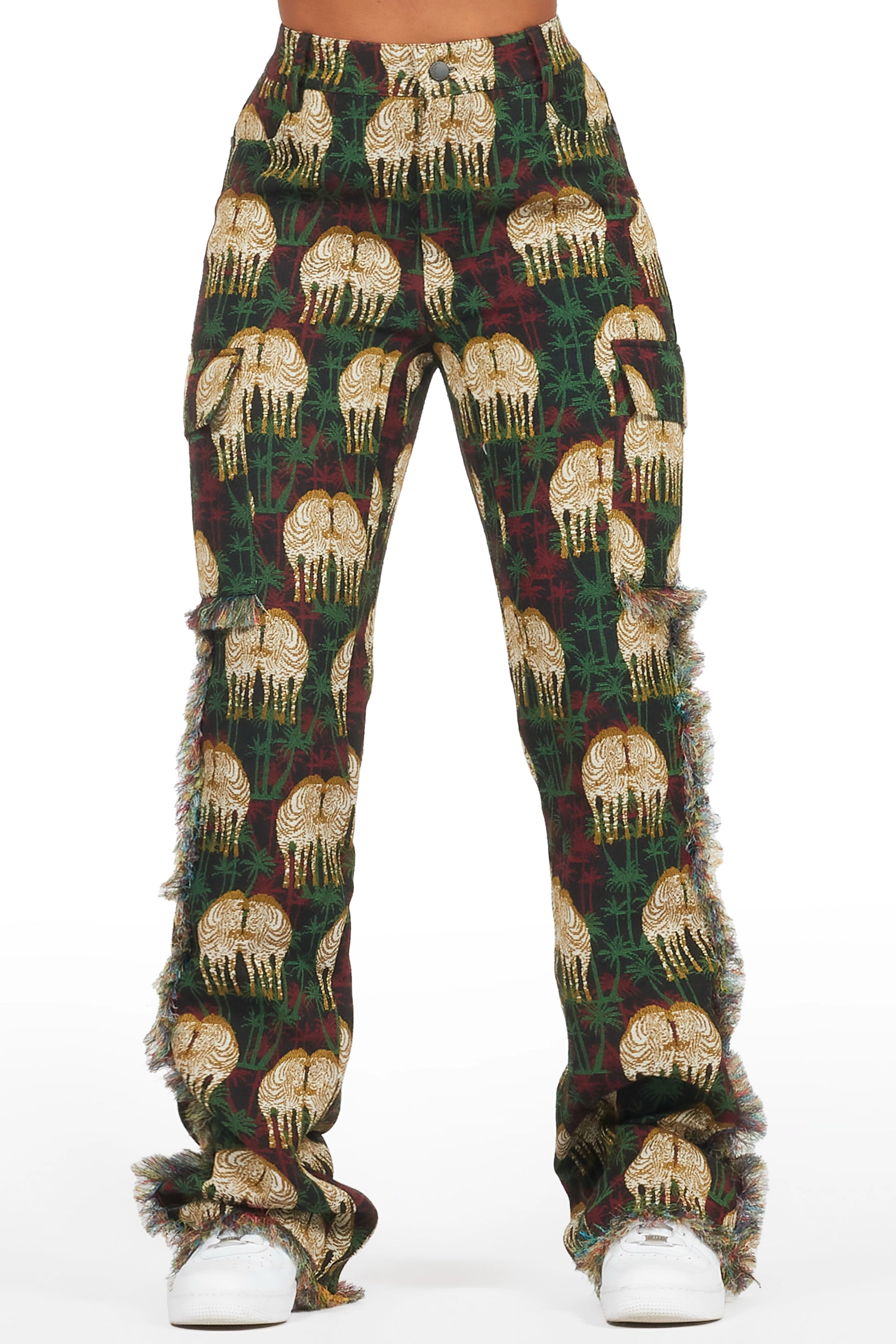 Zeontee Black Animal Print Cargo Tapestry Stacked Pant Modern Men's Tech