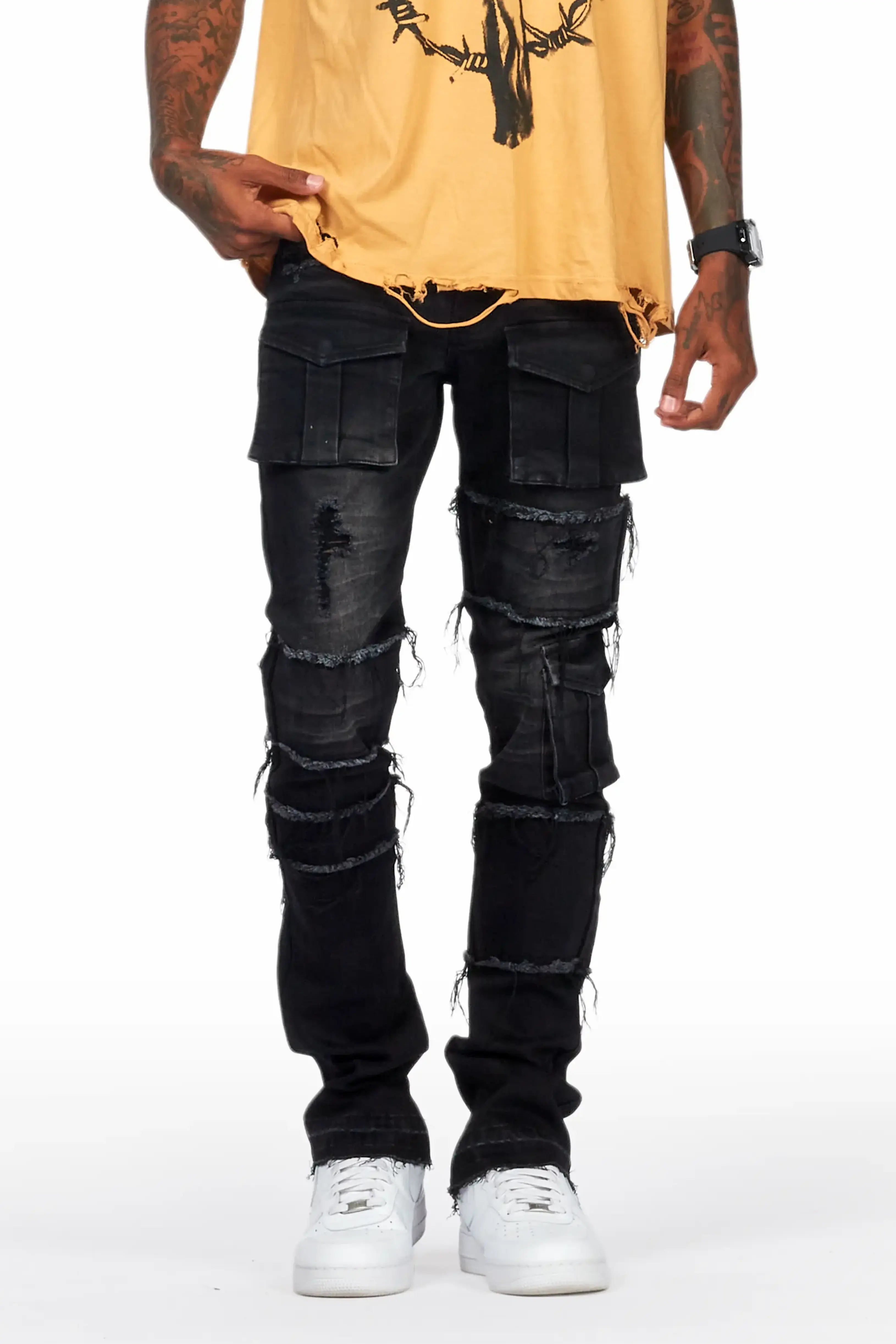 Folant Black Stacked Cargo Flare Jean Polished Men's Satin