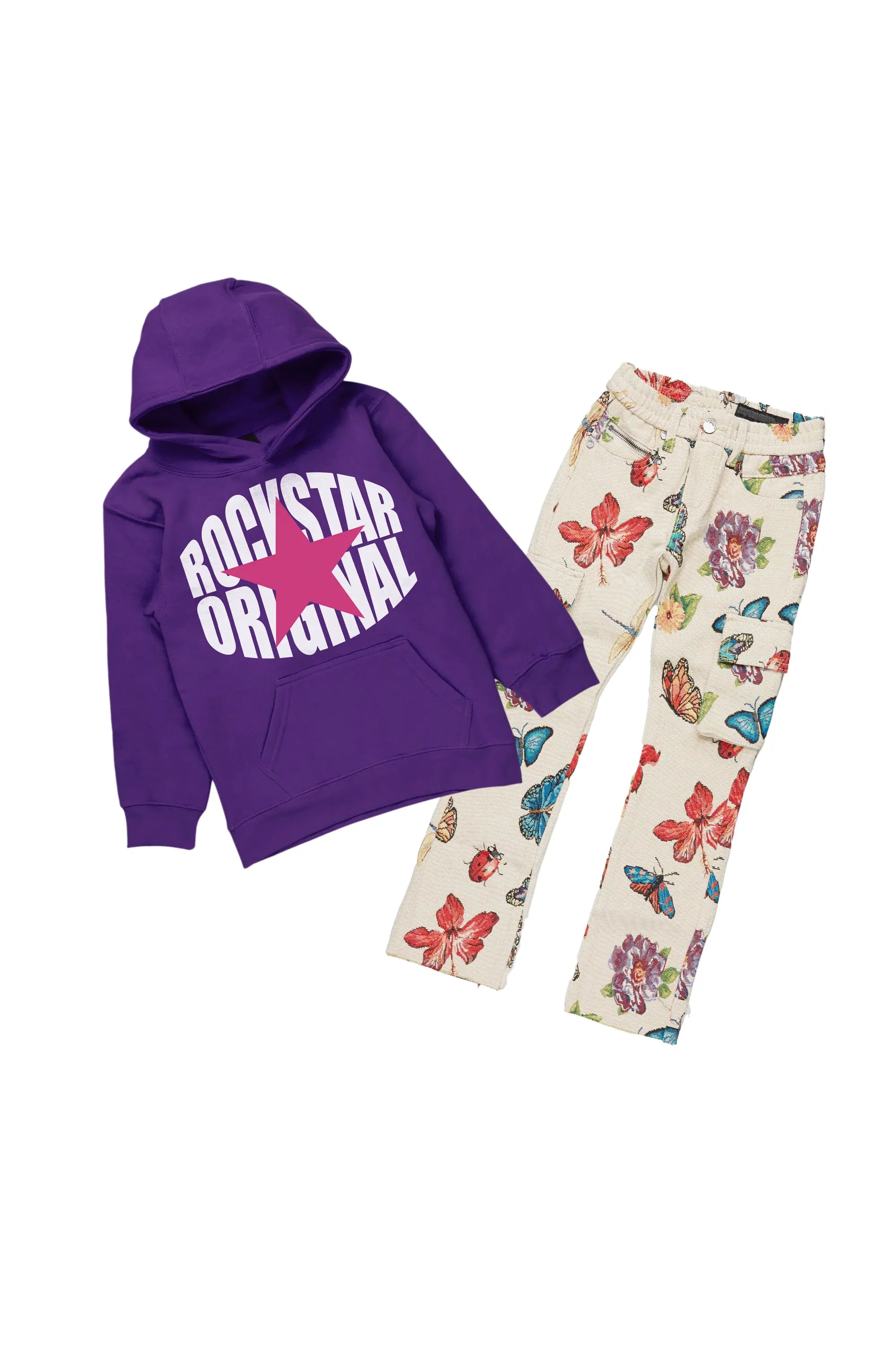 Girls Maeve Purple Hoodie/Stacked Flare Jean Set Lumberjack