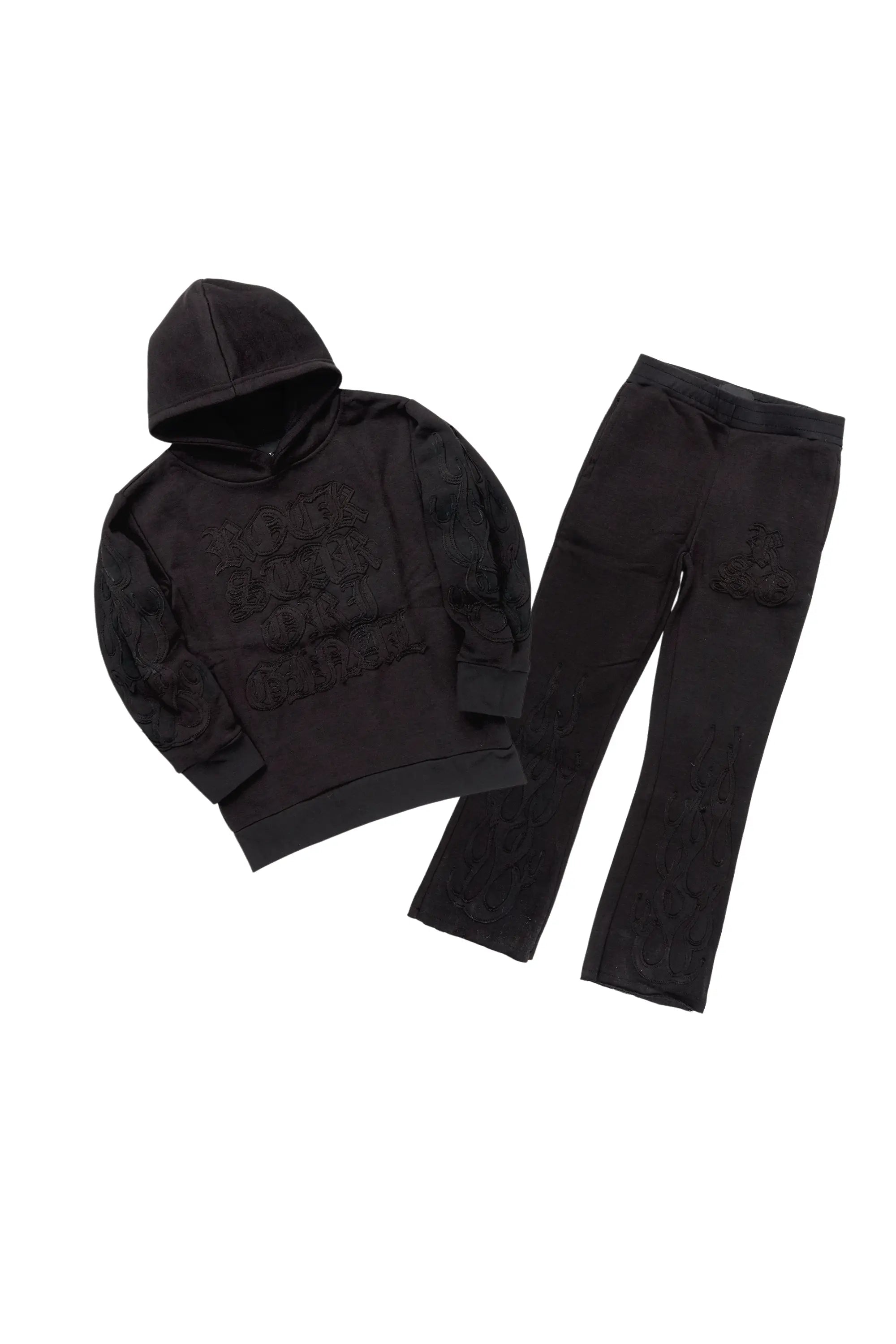 Boys Foresty Black Hoodie Stacked Flare Track Set Lumberjack