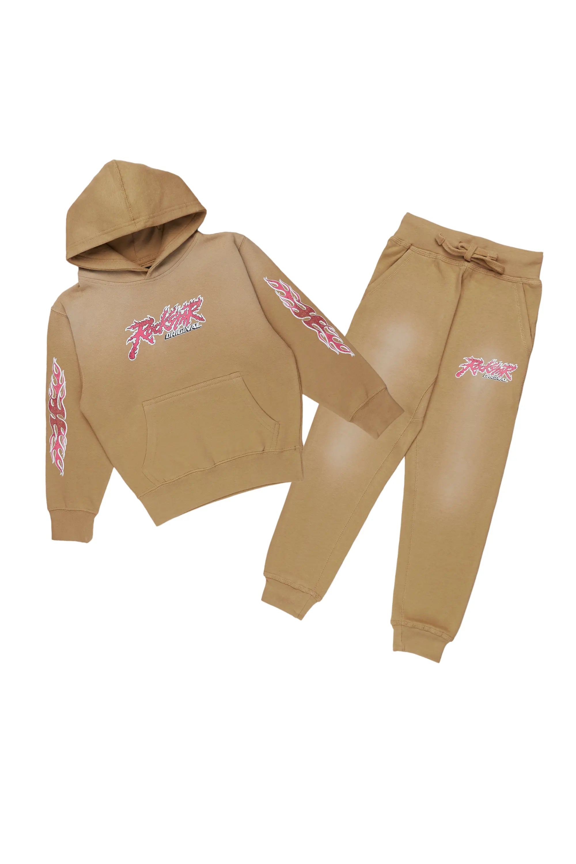 Boys Yash Beige Hoodie Track Pant Set Trendy Men's Oversized