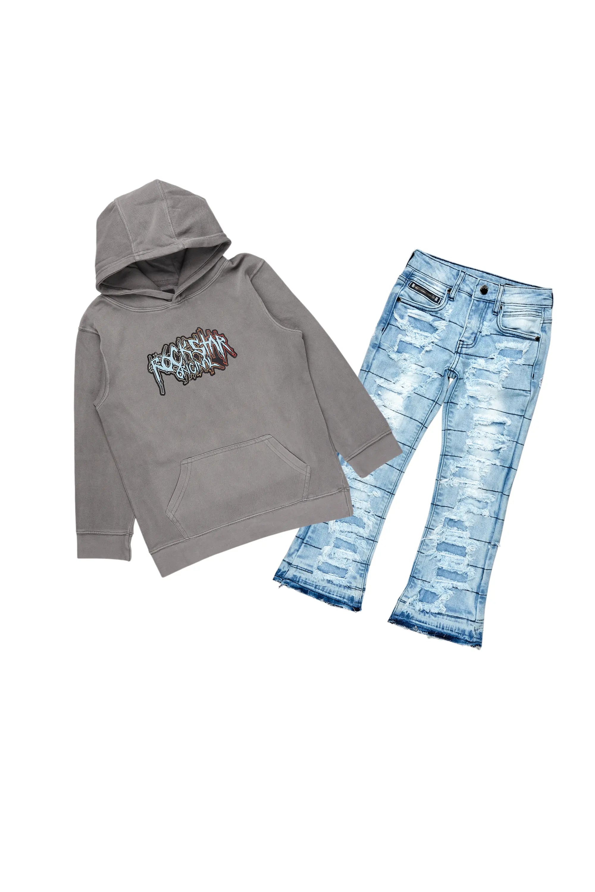 Boys Chad Vintage Grey Hoodie/Stacked Flare Jean Set Modern Men's Tech