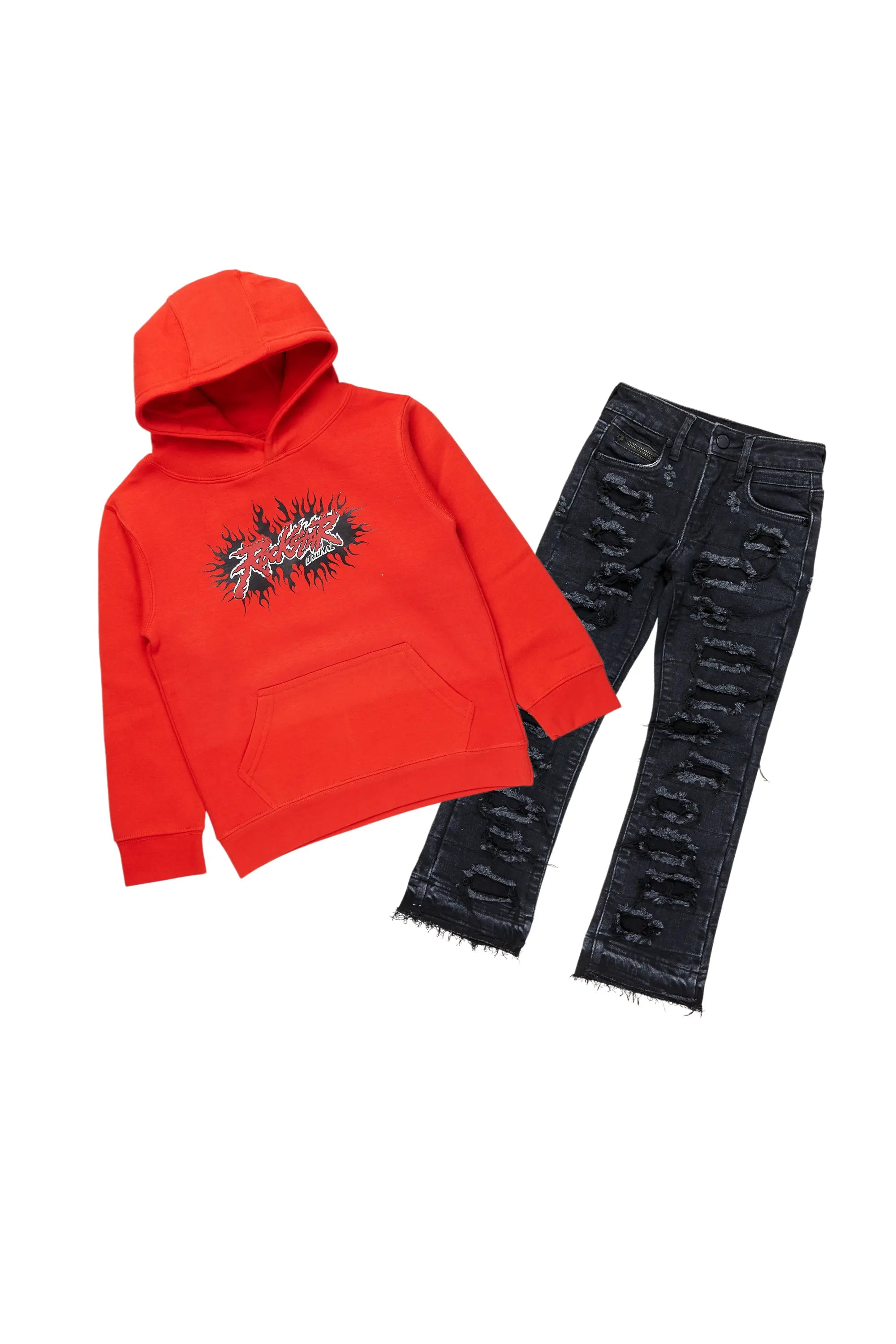 Boys Albus Red Hoodie/Stacked Flare Jean Set Cozy Men's Sherpa