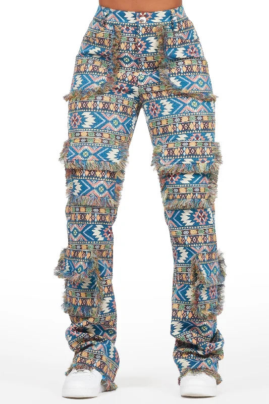 Ferlanda Blue Cargo Tapestry Stacked Pant Streetwear Style