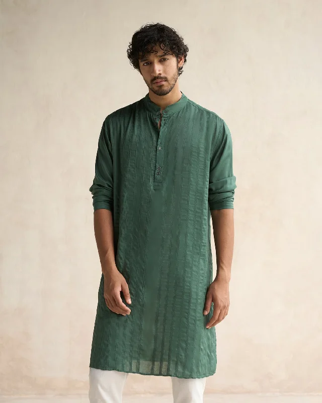 Long Pleated Kurta - Deep Green Casual Men's Short