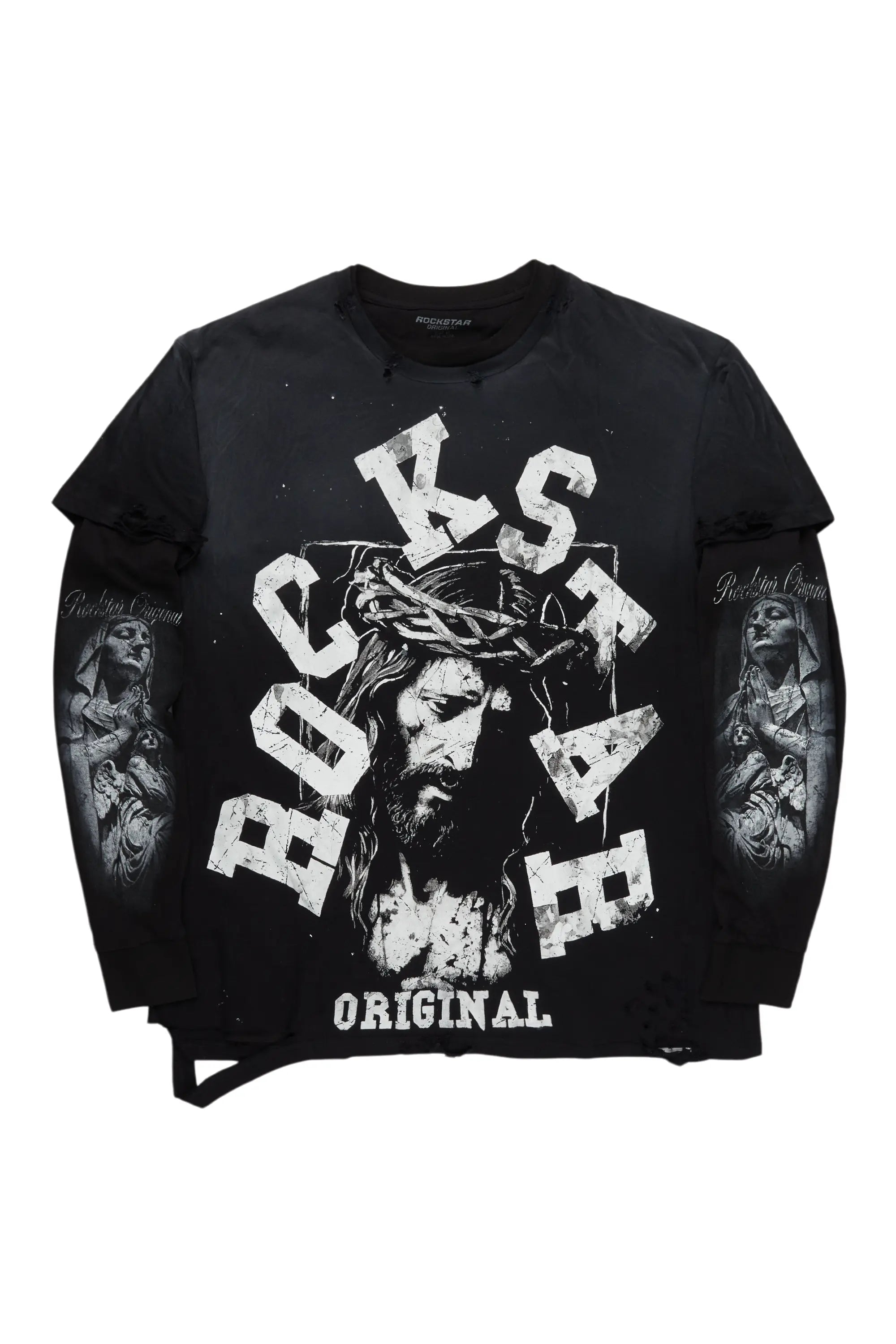 Alfred Black Double Layer Long Sleeve Graphic T-Shirt Casual Men's Short