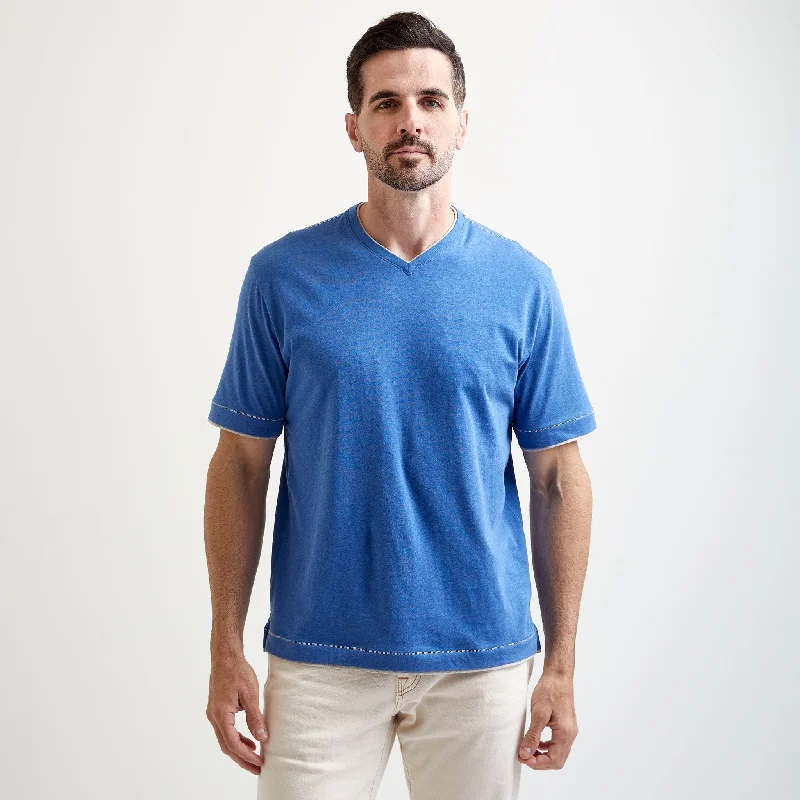 County Line Layered Effect High V-Neck Tee Shirt in Bright Blue Mélange by Left Coast Tee