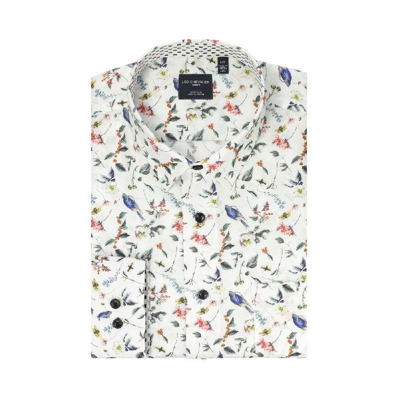 Bird Print No-Iron Cotton Sport Shirt with Hidden Button Down Collar (Size X-Large) by Leo Chevalier