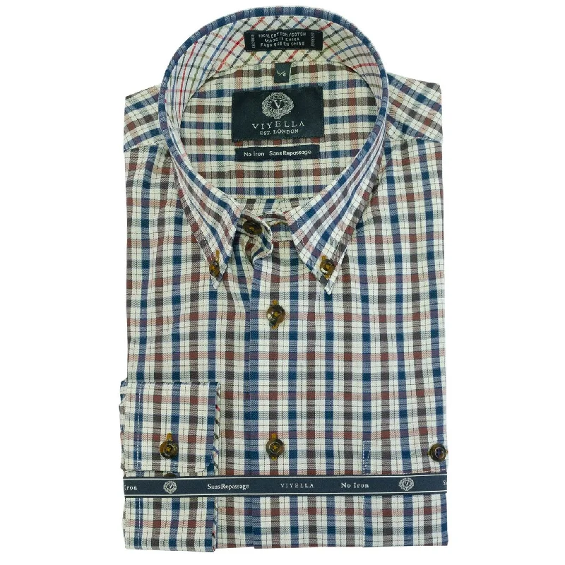 Blue and Chestnut Check Cotton Wrinkle-Free Button-Down Shirt by Viyella