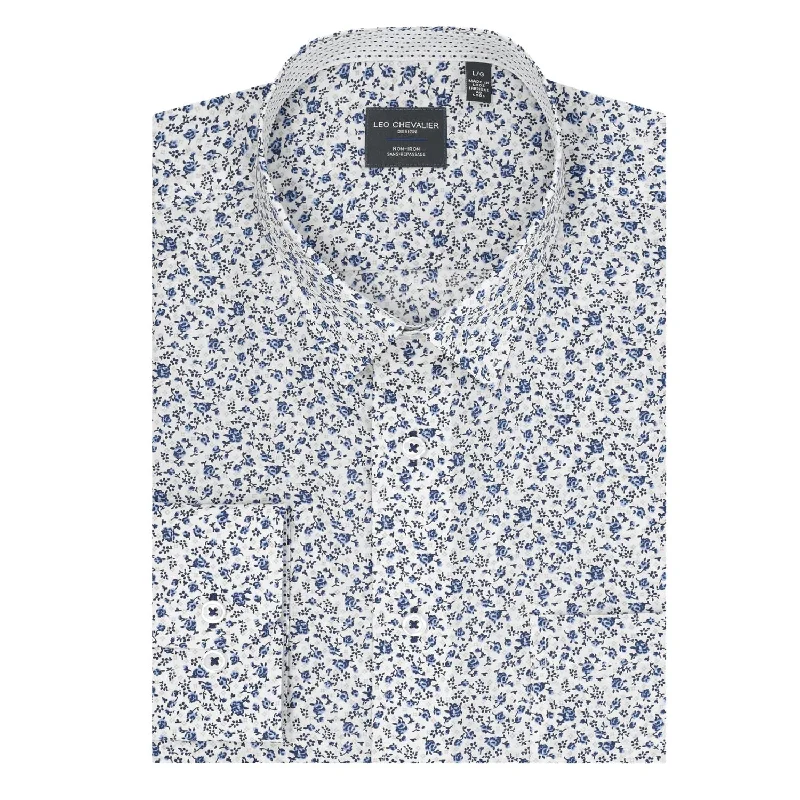 Blue Flower Print No-Iron Cotton Sport Shirt with Hidden Button Down Collar by Leo Chevalier Dynamic Men's Moto Dynamic Men's Moto