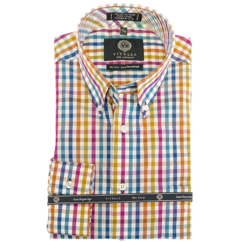 Bright Orange Multi Check Cotton Wrinkle-Free Button-Down Shirt by Viyella