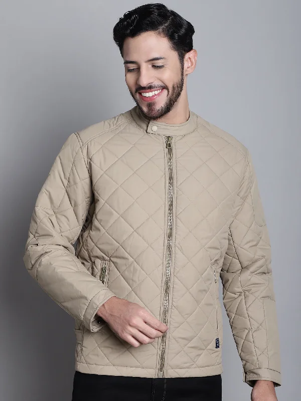 Solid Beige Full Sleeves Mock Collar Regular Fit Mens Casual Jacket