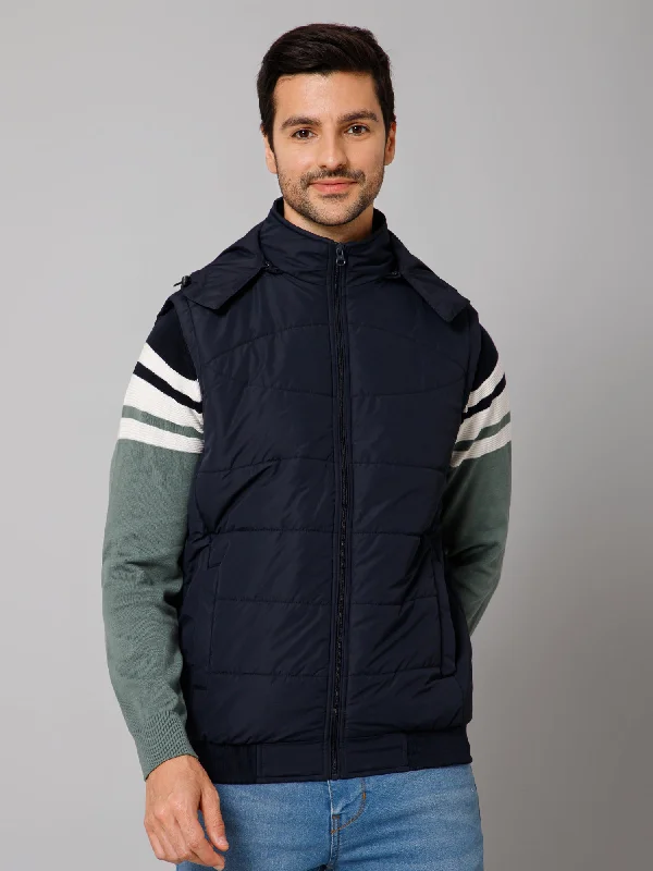 Solid Navy Blue Sleeveless Hooded Neck Regular Fit Casual Jacket for Men