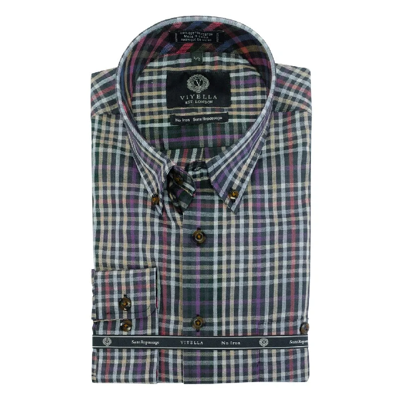 Charcoal and Multi Mini Herringbone Check Cotton Wrinkle-Free Button-Down Shirt by Viyella