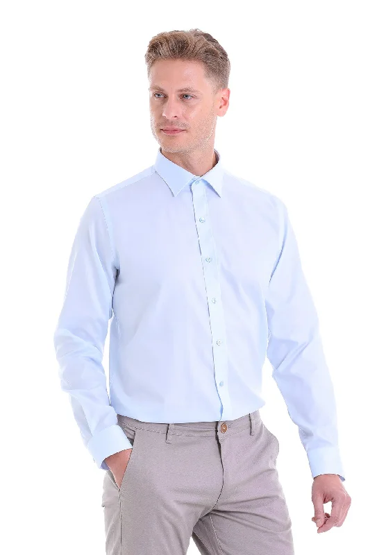 Classic Fit Long Sleeve Patterned Cotton Dress Shirt, Light Blue D.