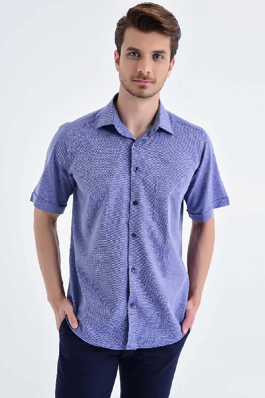 Classic Fit Short Sleeve Patterned Cotton Dress Shirt, Blue D.