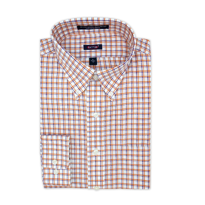 'Clemson' Orange and Purple Check Long Sleeve Beyond Non-Iron® Cotton Twill Sport Shirt by Batton