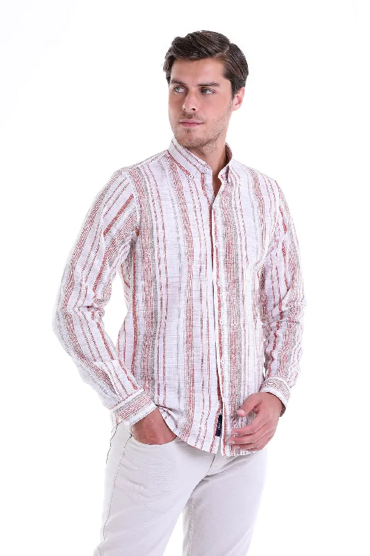 Comfort Fit Long Sleeve Printed Cotton Casual Shirt, Brick B