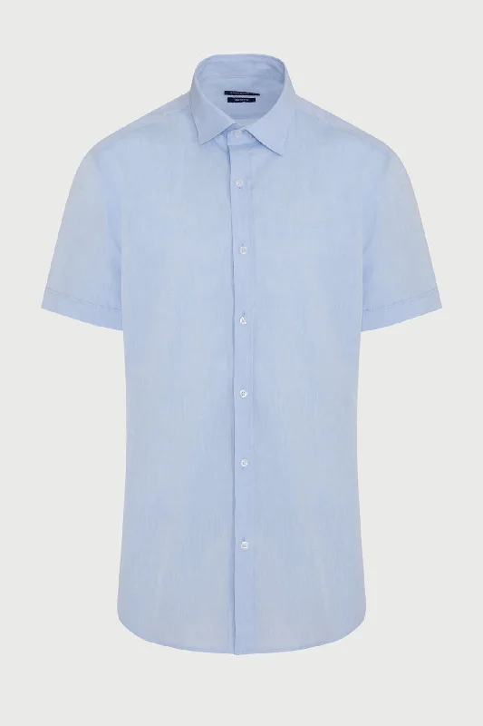 Comfort Fit Short Sleeve Plain Cotton Dress Shirt, Light. Blue