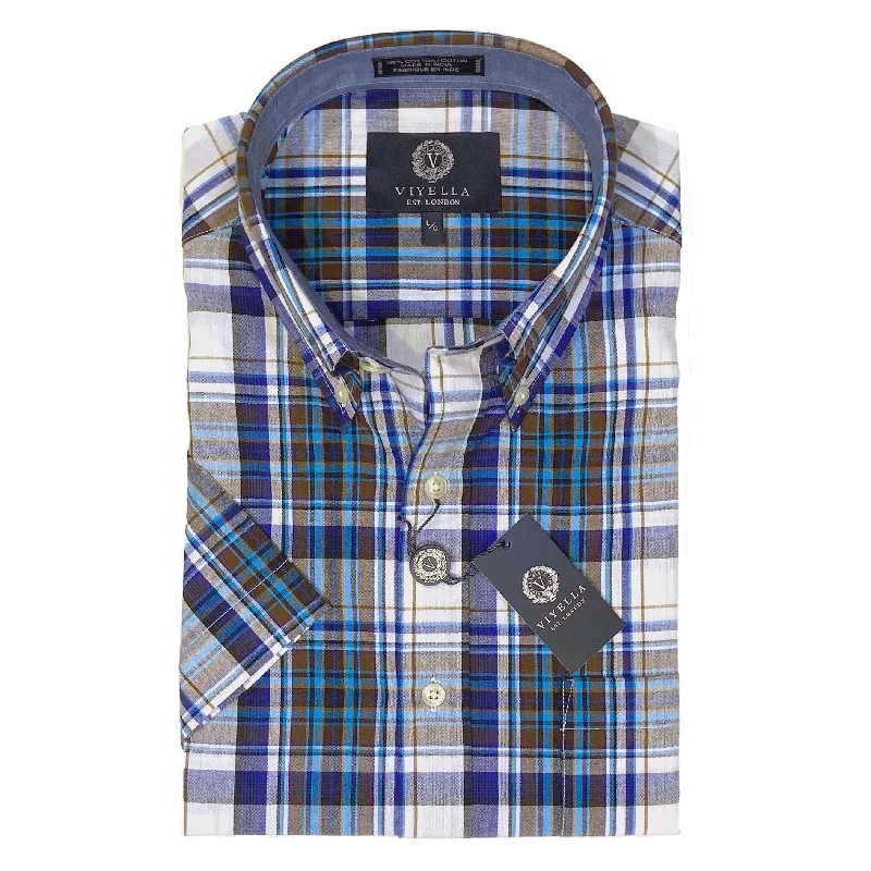 Cotton Madras Short Sleeve Cotton Sport Shirt in Blue, Aqua, and Olive Plaid by Viyella