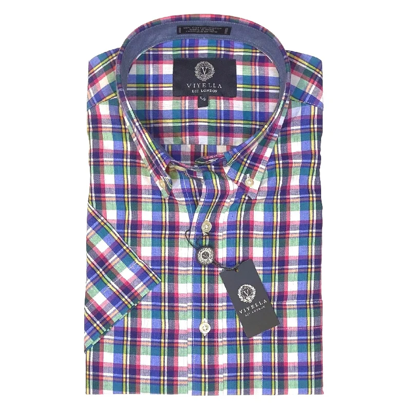 Cotton Madras Short Sleeve Cotton Sport Shirt in Blue, Green, and Rose Plaid by Viyella