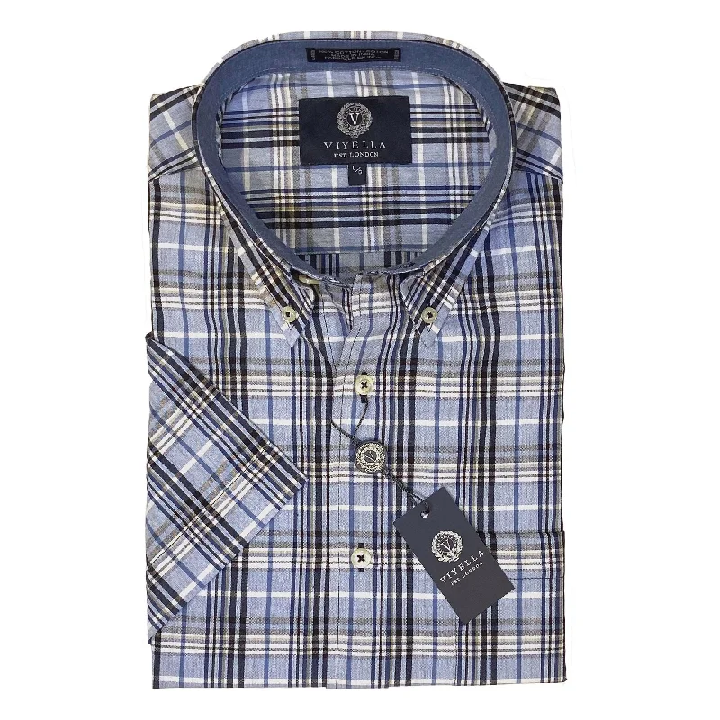 Cotton Madras Short Sleeve Cotton Sport Shirt in Chambray Plaid by Viyella