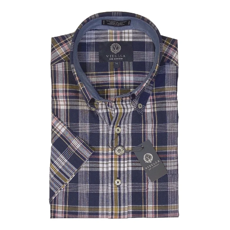 Cotton Madras Short Sleeve Cotton Sport Shirt in Dark Navy and Olive Plaid (Size Medium) by Viyella