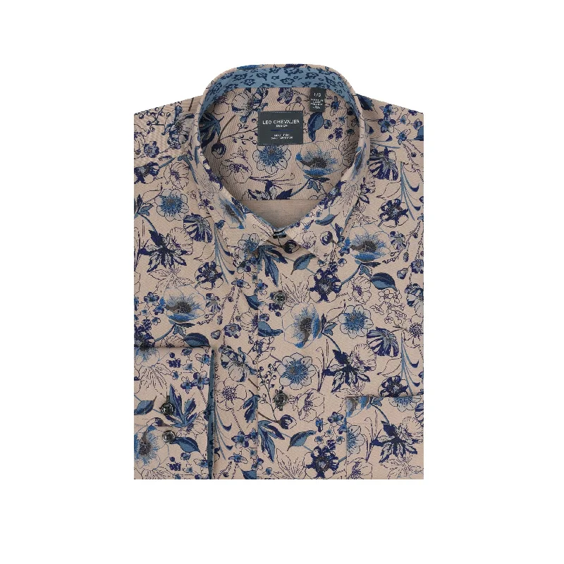 Earth and Blue Botanical Print No-Iron Cotton Sport Shirt with Hidden Button Down Collar by Leo Chevalier