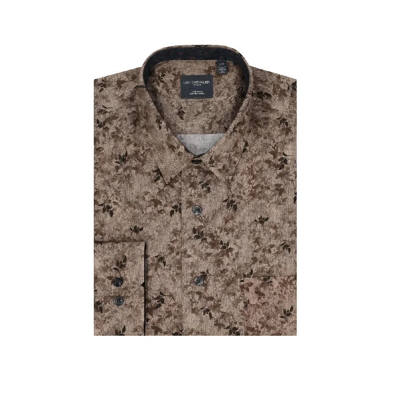 Earth and Brown Branch Print No-Iron Cotton Sport Shirt with Hidden Button Down Collar by Leo Chevalier