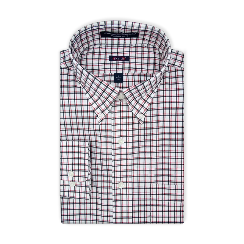 'Georgia' Crimson and Black Check Long Sleeve Beyond Non-Iron® Cotton Twill Sport Shirt by Batton