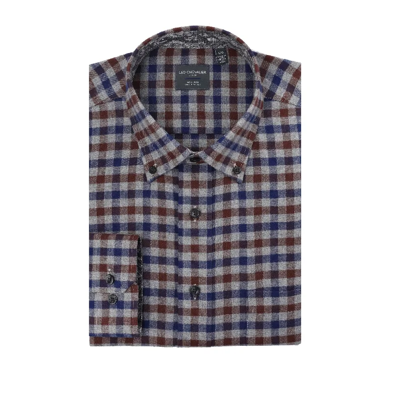 Grey, Blue, and Brown Check No-Iron Brushed Cotton Sport Shirt with Button Down Collar by Leo Chevalier