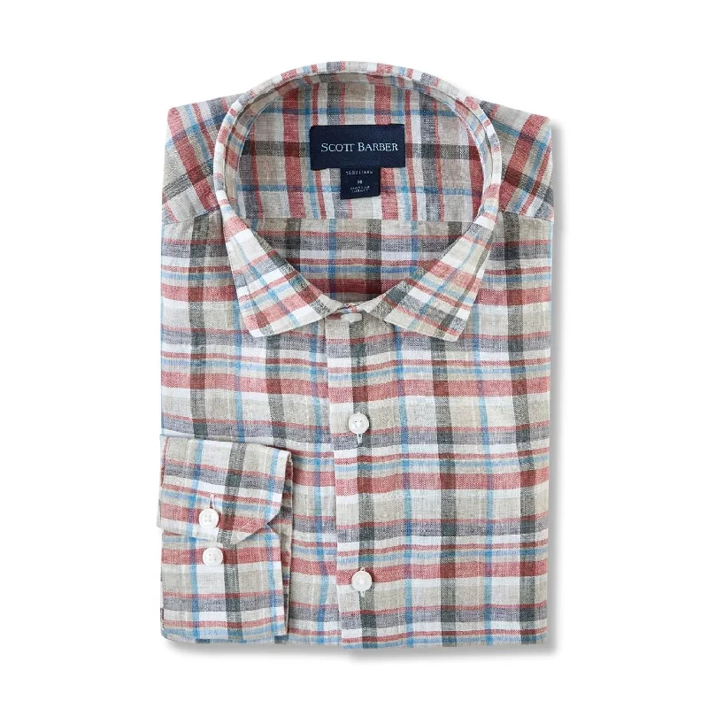 Italian Washed Linen Bold Plaid Sport Shirt in Spice by Scott Barber Refined Men's European Refined Men's European