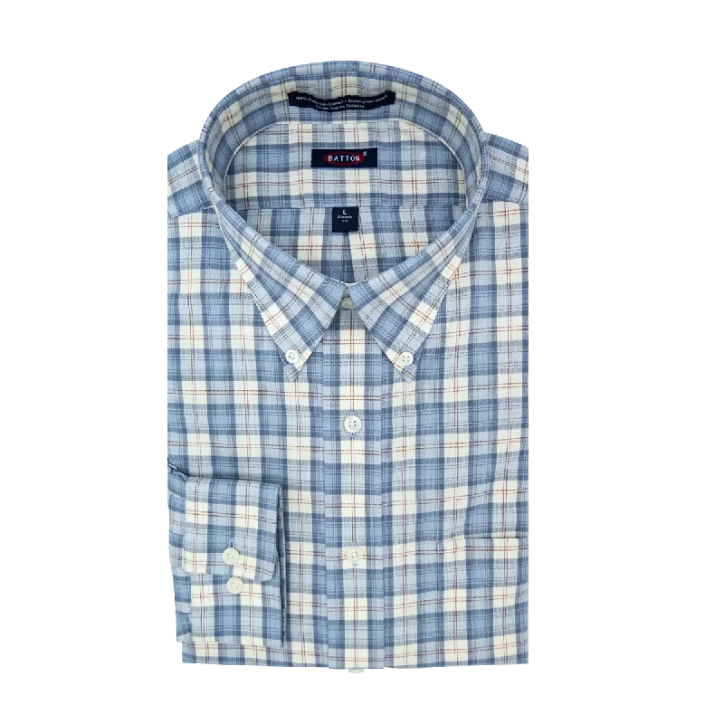 'Jaxon' Blue and Tan Plaid Long Sleeve Beyond Non-Iron® Cotton Sport Shirt by Batton