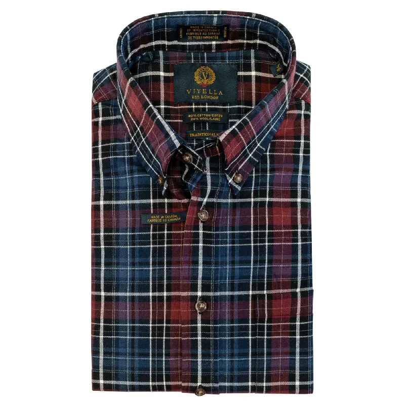 Maroon and Blue Plaid Cotton and Wool Blend Button-Down Shirt (Big Fit Sizes) by Viyella