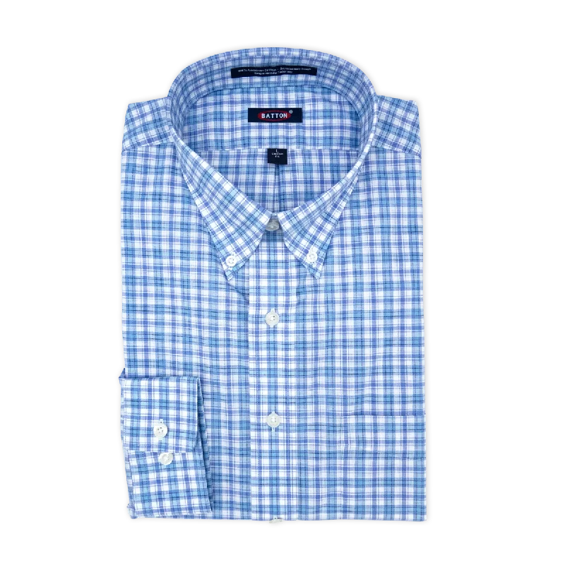 'Max' Blue and Aqua Plaid Long Sleeve Beyond Non-Iron® Cotton Sport Shirt by Batton Relaxed Men's Australian  Relaxed Men's Australian 