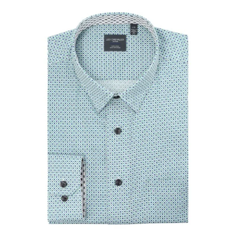 Mint and Blue Circle Print No-Iron Cotton Sport Shirt with Hidden Button Down Collar by Leo Chevalier Sleek Men's Contemporary  Sleek Men's Contemporary 