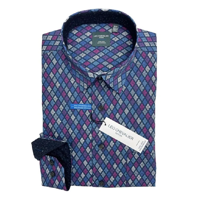 Multi Geometric Diamond Print No-Iron Cotton Sport Shirt with Hidden Button Down Collar by Leo Chevalier