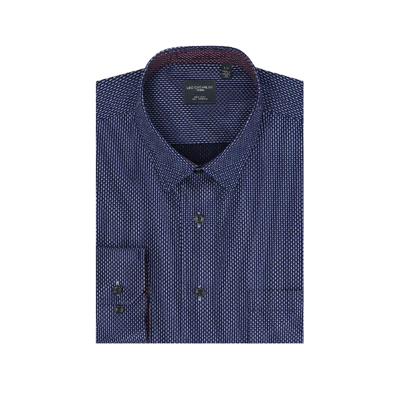 Navy and Light Blue Dot Print No-Iron Cotton Sport Shirt with Hidden Button Down Collar by Leo Chevalier