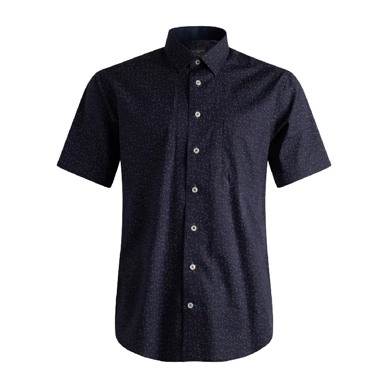 Navy Firework Neat Print Short Sleeve No-Iron Cotton Sport Shirt with Spread Collar (Size Medium) by Leo Chevalier