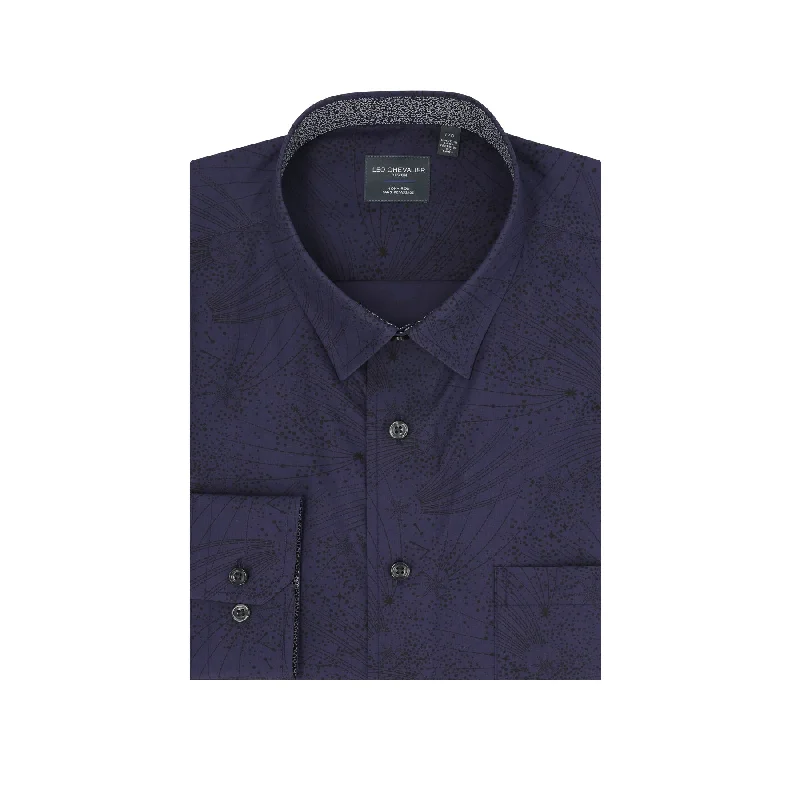 Navy with Black All Over Print No-Iron Cotton Sport Shirt with Hidden Button Down Collar by Leo Chevalier