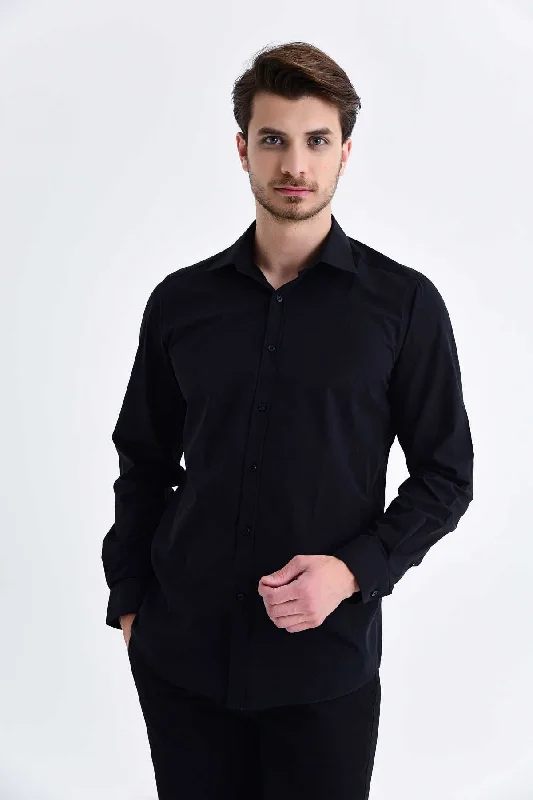 Regular Fit Plain Cotton Blend Dress Shirt, Black