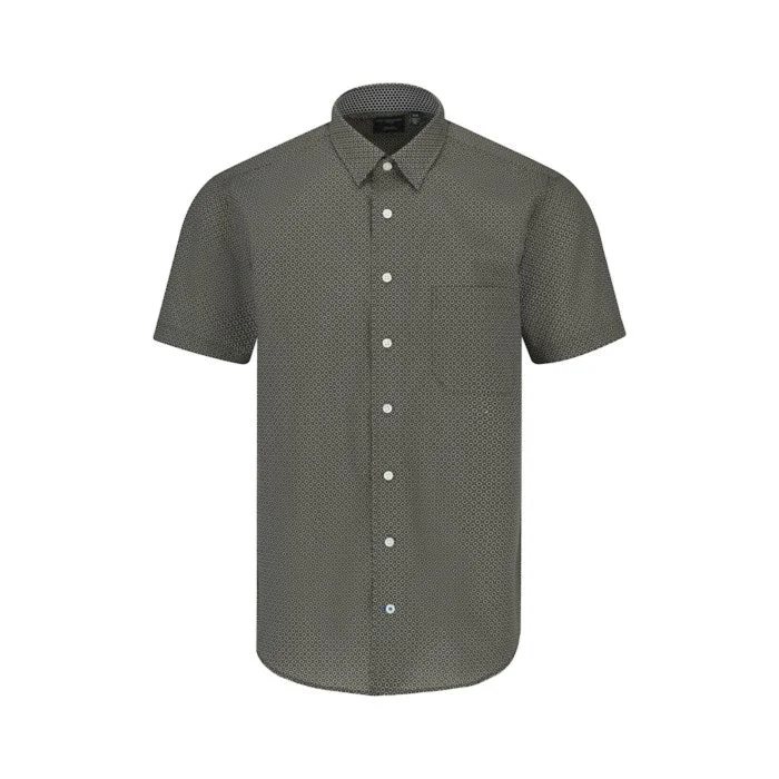 Sage Medallion Floral Print Short Sleeve No-Iron Cotton Sport Shirt with Hidden Button Down Collar by Leo Chevalier