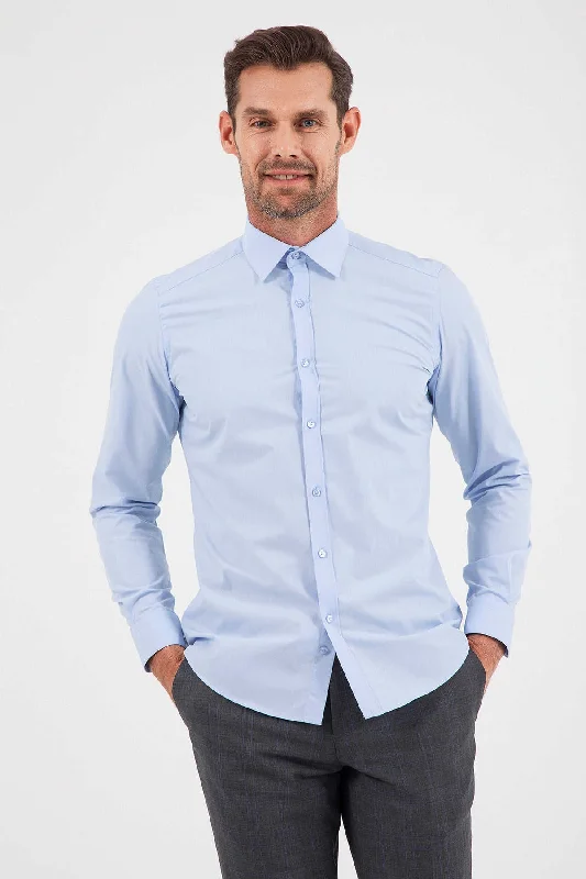 Slim Fit Long Sleeve Plain Cotton Blend Dress Shirt, Light. Blue