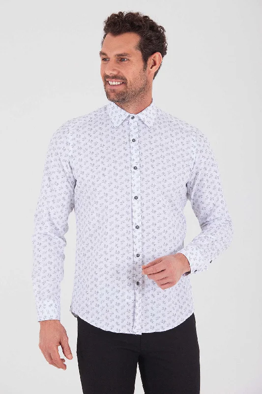 Slim Fit Long Sleeve Printed Cotton Blend Casual Shirt, Gray B.