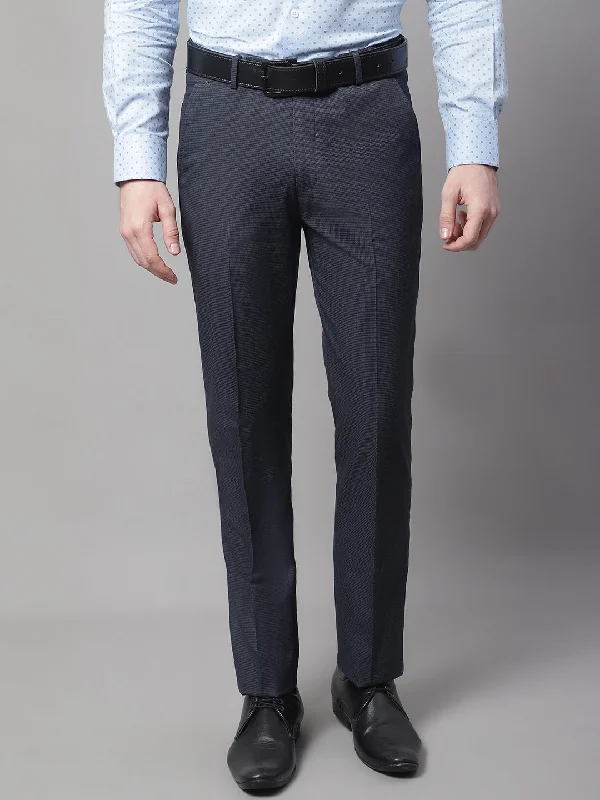 Men's Regular fit Flat front Navy Blue Houndstooth Trousers