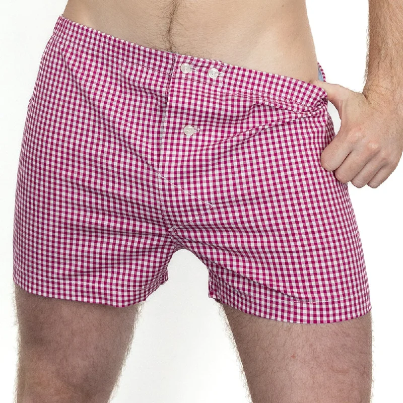 "KINGSTON" - Berry Red & White Mini Gingham Boxer Short - Made In USA