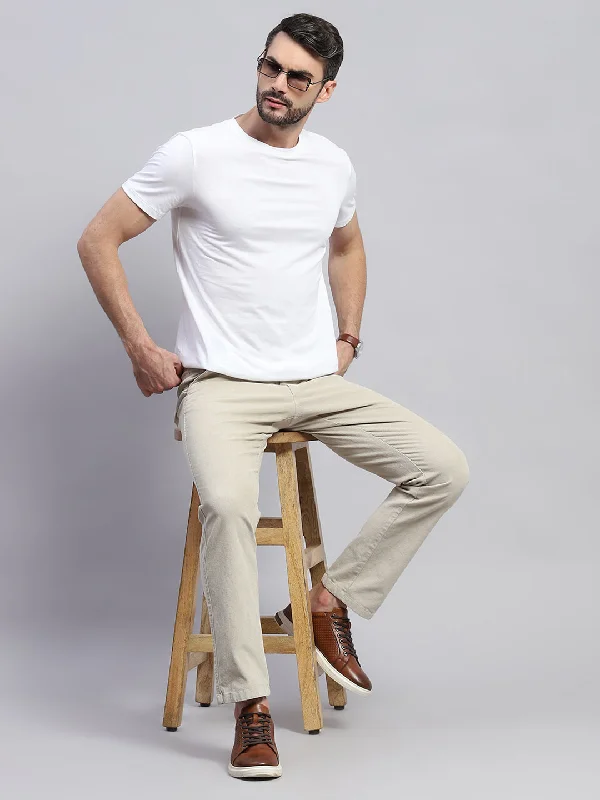 Men Beige Solid Regular Fit Trouser