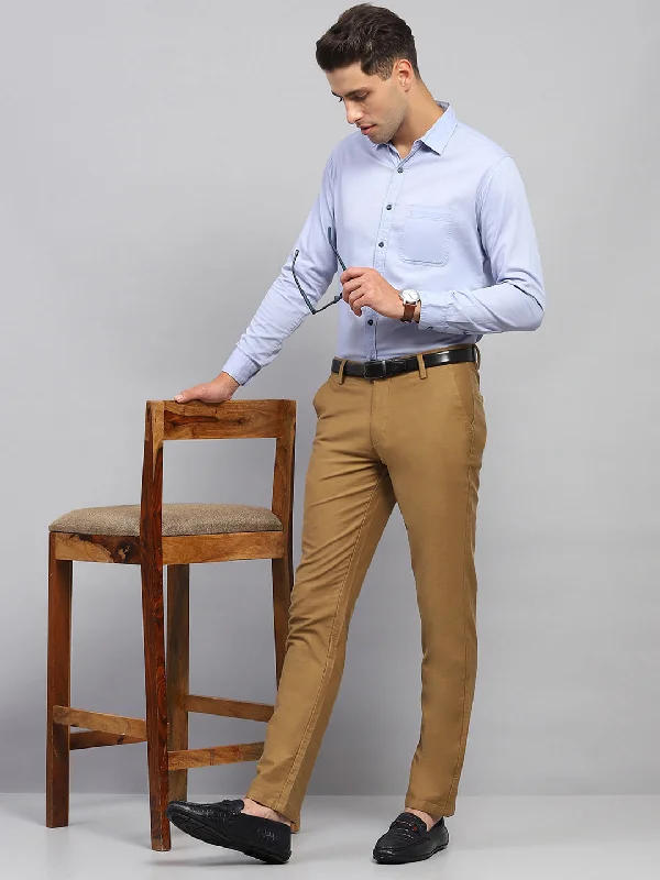 Men Khaki Solid Regular Fit Trouser