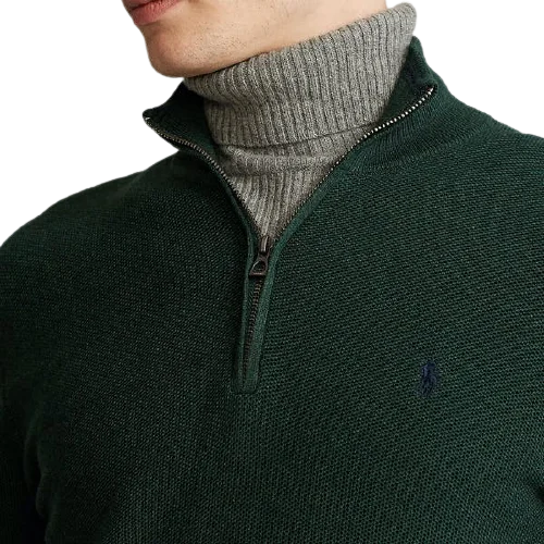 Zip Neck Cotton Pullover - Scotch Pine Green